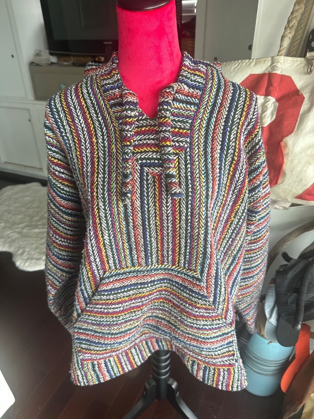 Earth Ragz Baja Mexican Hoodie Drug Rug Pullover Woven Striped Large